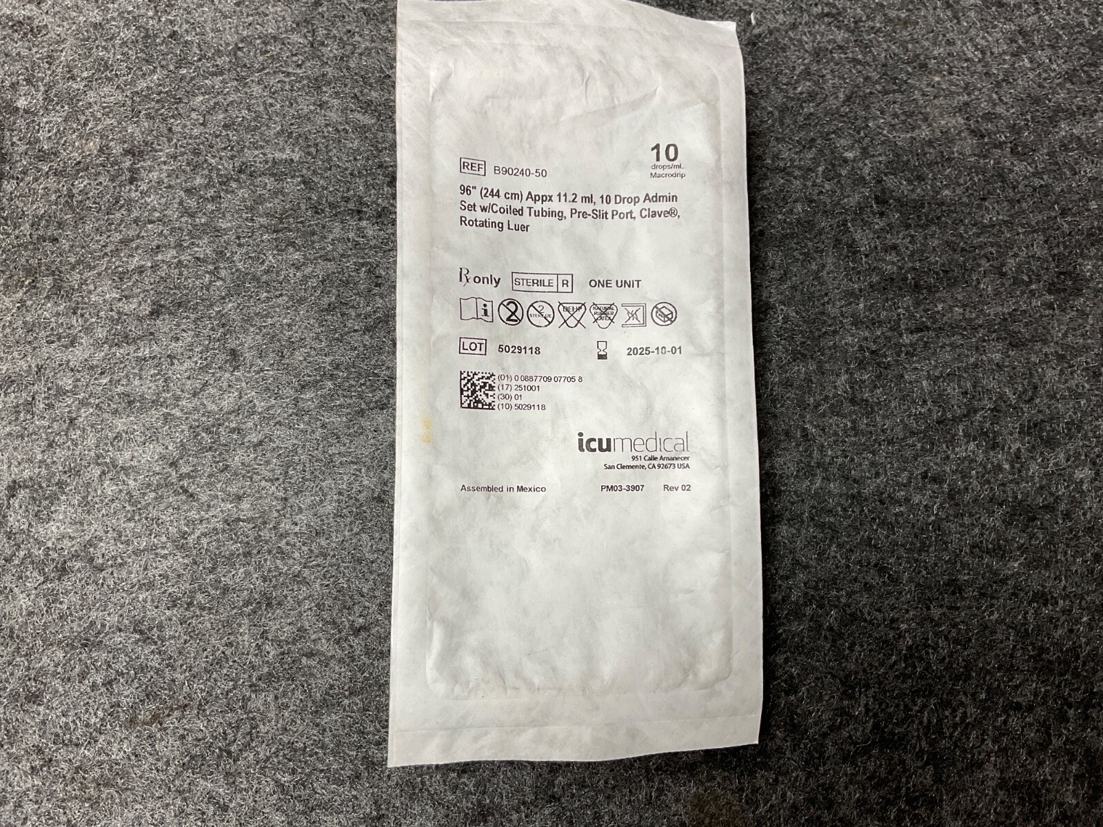 ICUMedical Coiled IV Set, 10 DPM Exp: 2025-10-1