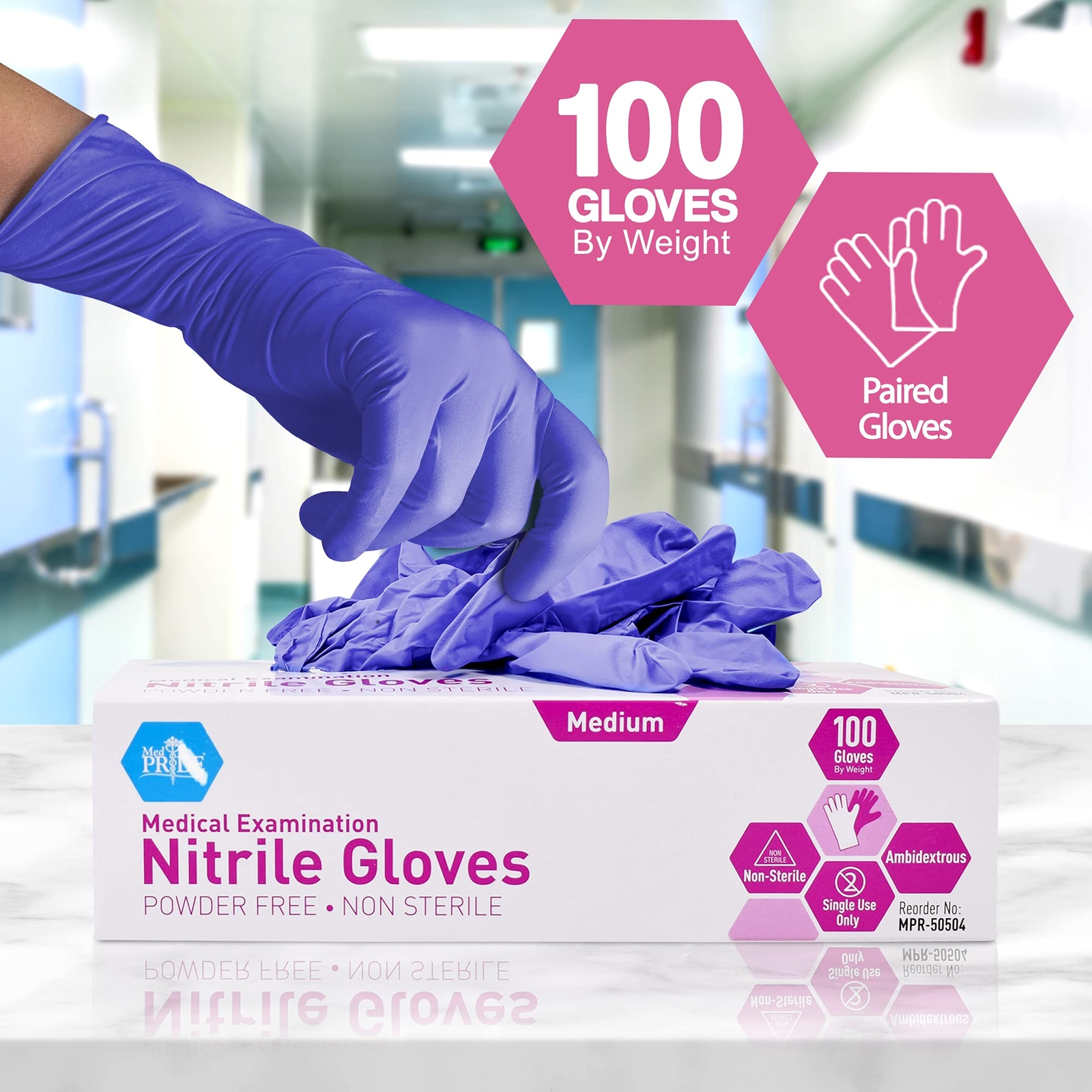 MedPride Powder-Free Nitrile Exam Gloves Iris Blue Medium Box/100