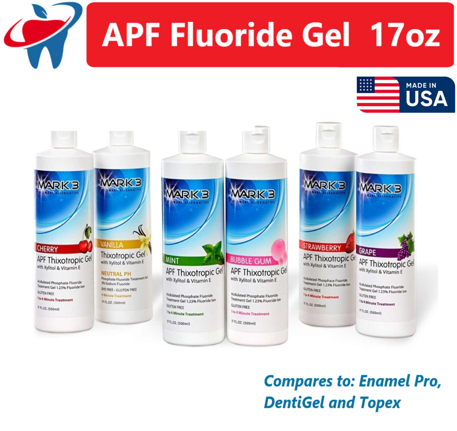 Dental APF Fluoride Gel 17 Fluoride Trays Dual Arch, Single Arch S, M, L – USA