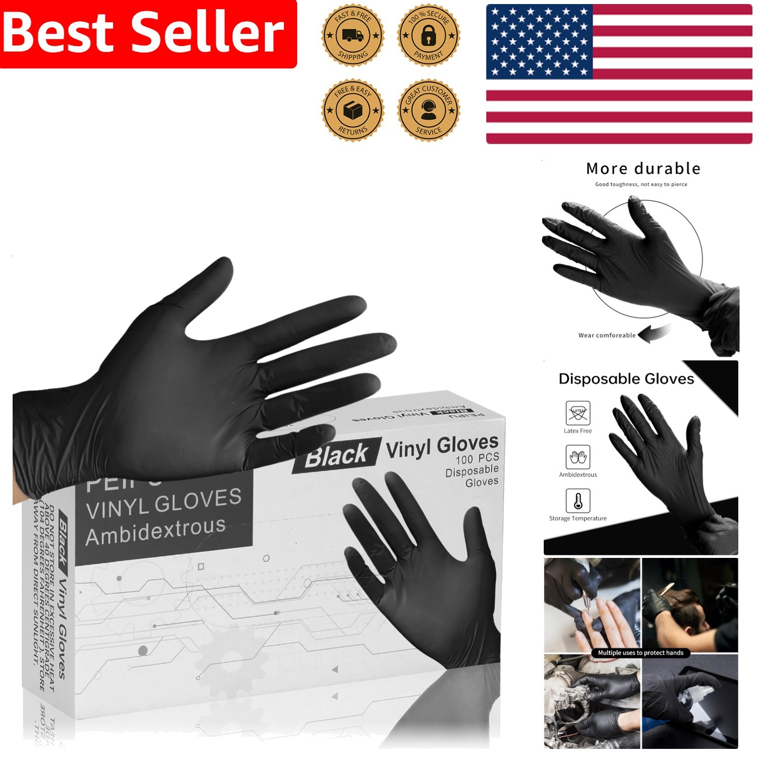 Vinyl Disposable Gloves, Medium Black, 100 Count, Powder Latex Free, Cleaning…