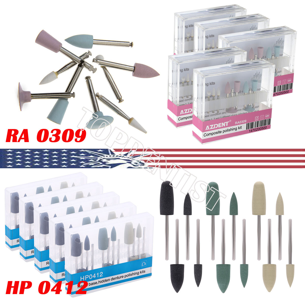 AZDENT Kit de fresas de pulido dental Base de resina compuesta RA0309/HP0412