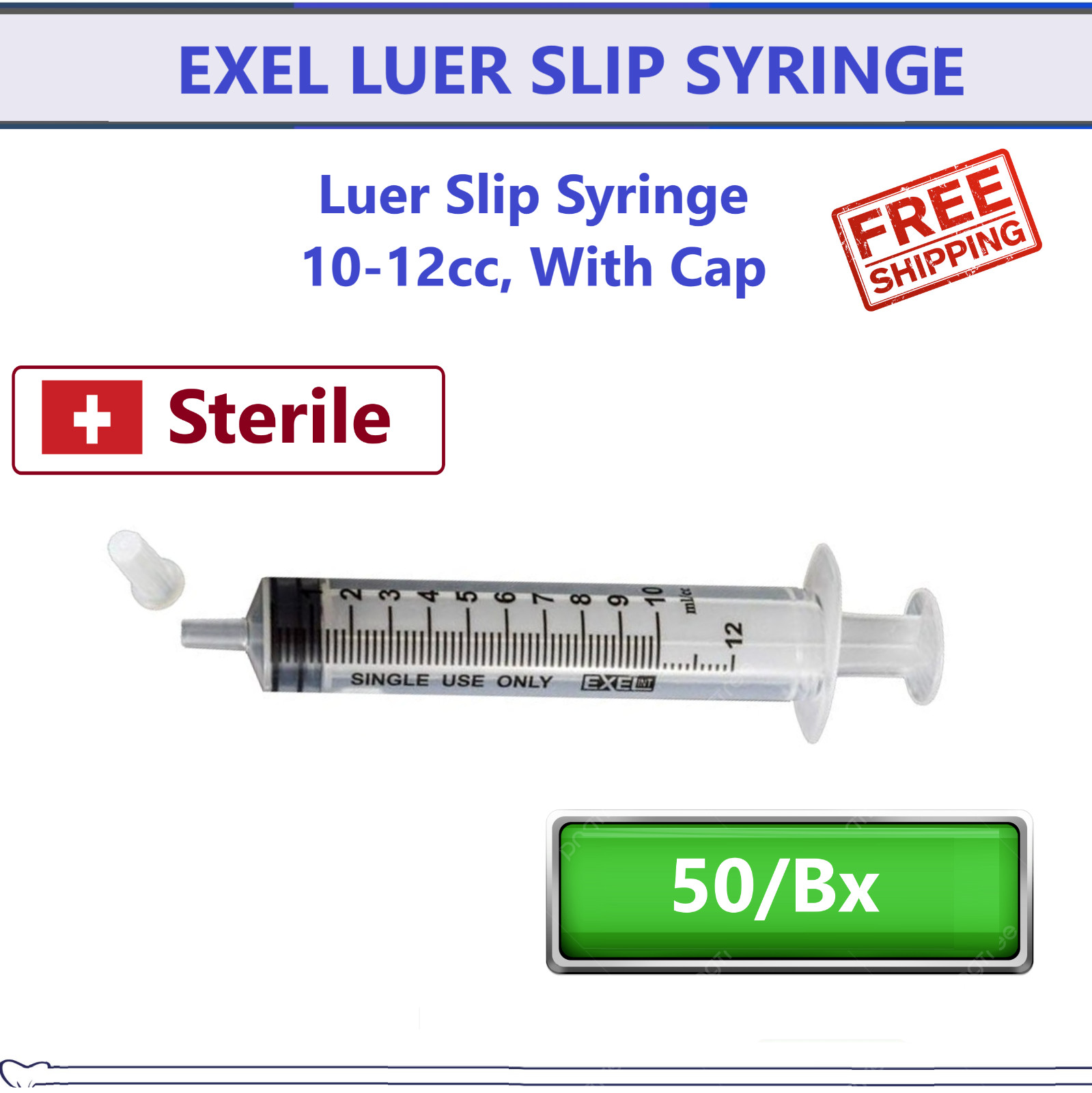 Dental Medical Syringe, Luer Slip, 10-12cc, With Cap, Sterile Syringes, 50/Bx
