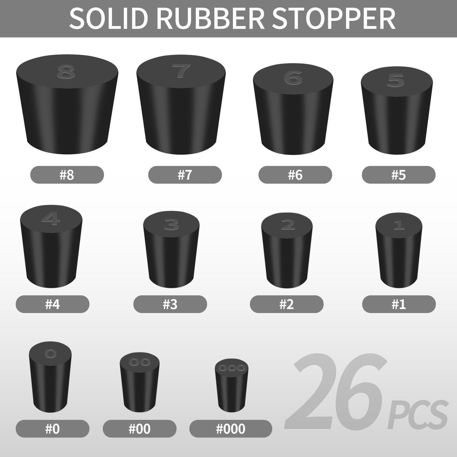 26 Pack Solid Rubber Stoppers 11 Assorted Sizes Stopper Plugs, 000# 8# Size…