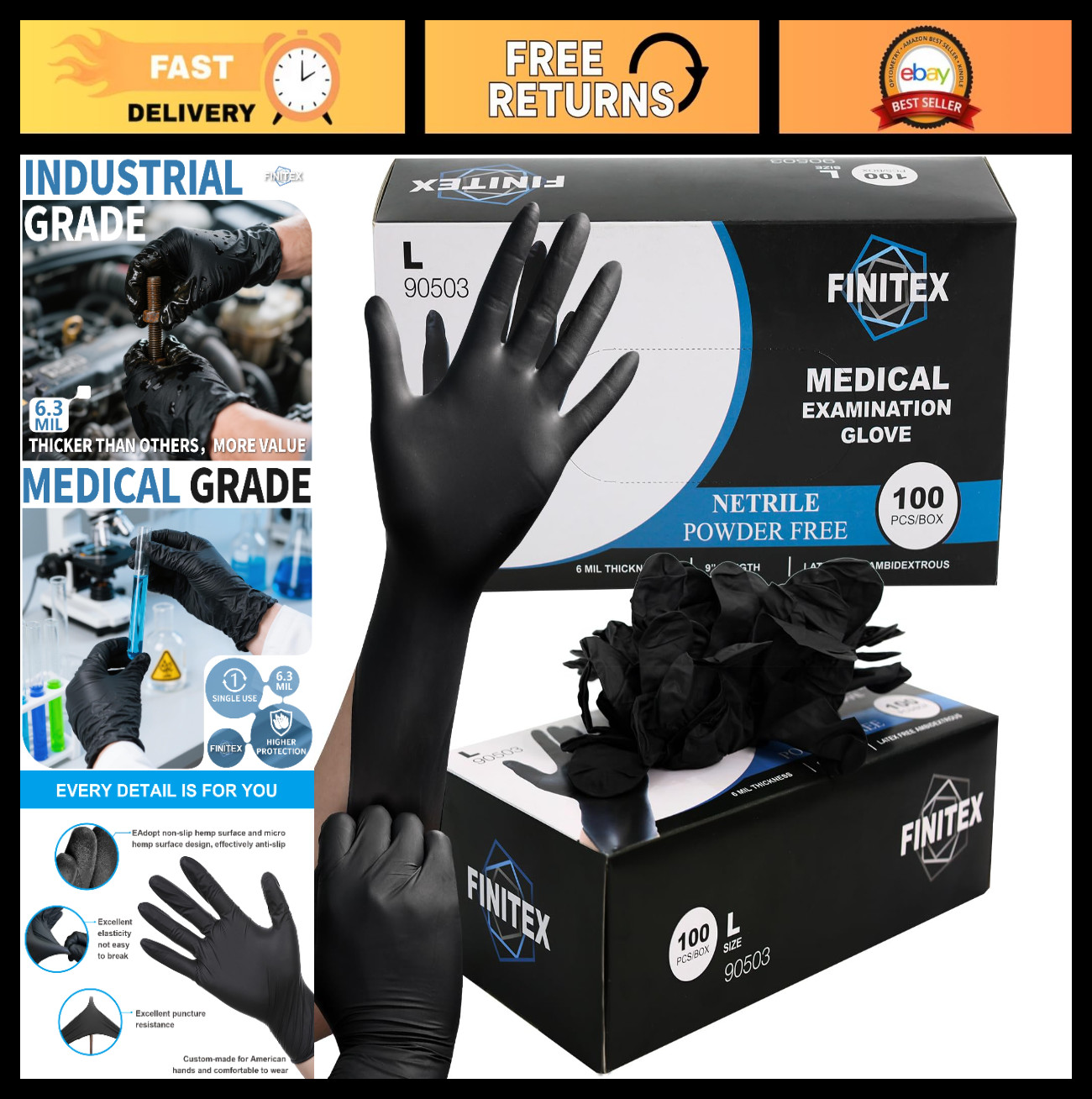 Black Nitrile Disposable Medical Exam Gloves – 100/1000 PCS, 6.3mil, Powder-Free