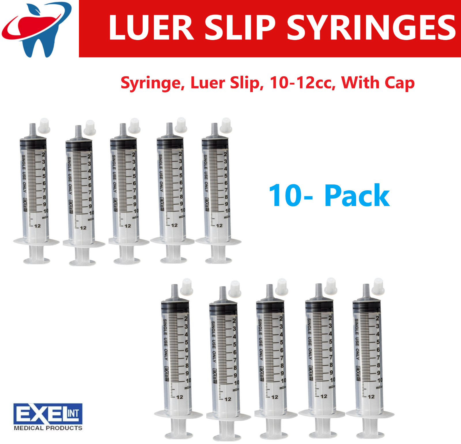10cc -10ml Syringe (No Needle) Syringes, Luer Slip, 10-12cc, With Cap 5-100/Box