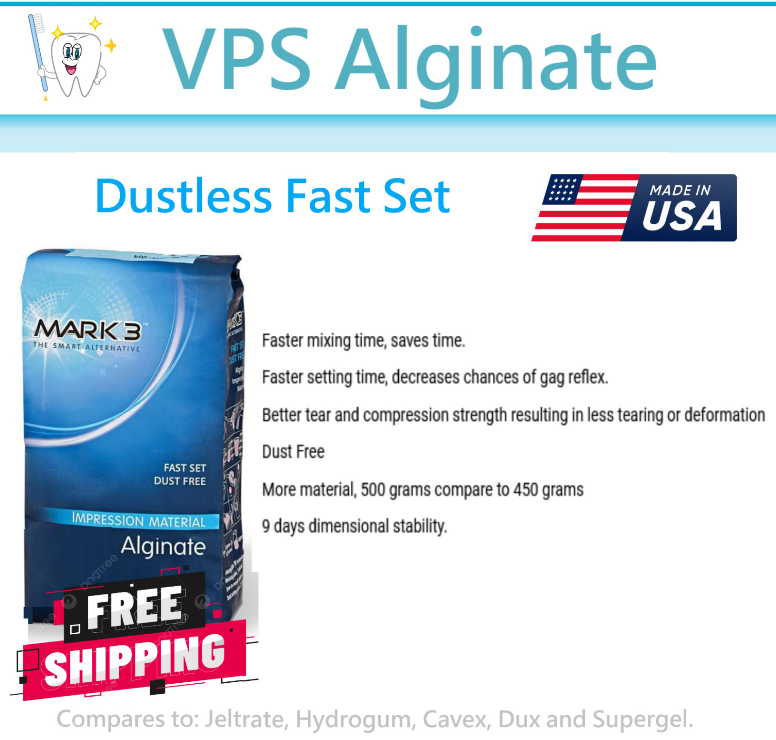MARK3 Alginate Impression Material Dust Free Fast Set 1.1Lb Pouch Upto 1/3-Box