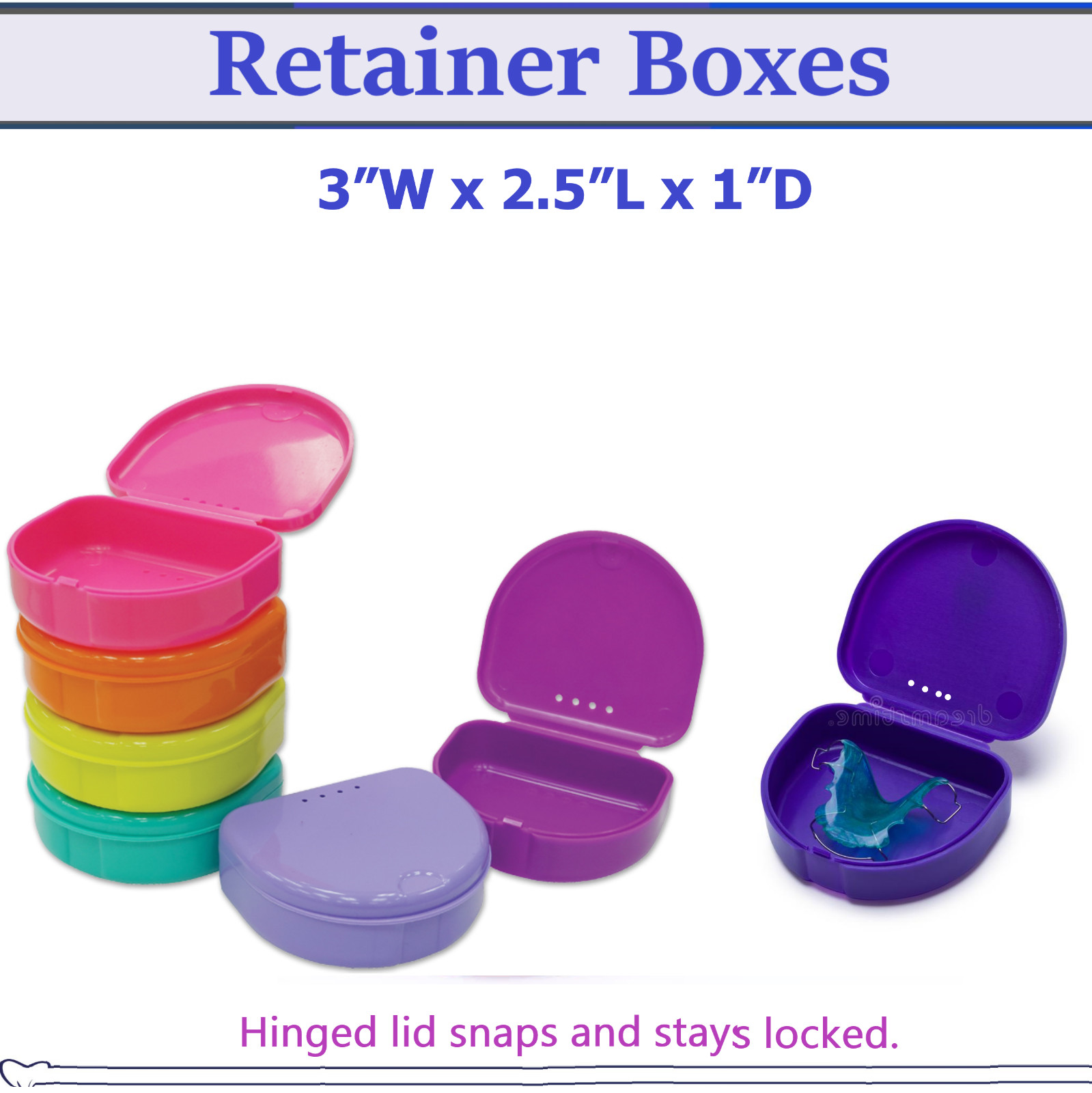 Dental Retainer Box Orthodontic Appliance Guard Snap Closure, 1″ Deep, Upto 200
