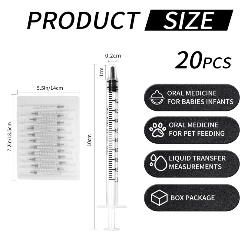 20 Pack 1ml Syringe for Liquid, 1cc Plastic Small Syringes for Scientific Labs,
