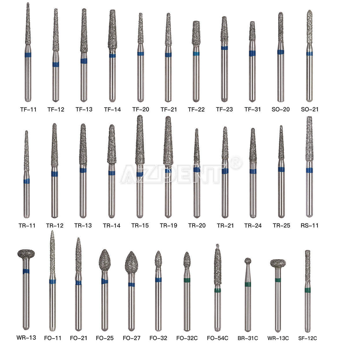 AZDENT Dental Diamond Burs Drill FG For High Speed Handpiece 100 Types 5pc/set