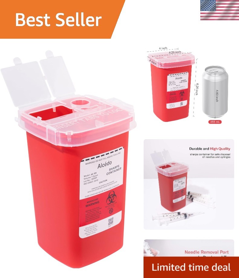Compact 1 Quart Red Sharps Container for Safe Needle Disposal & Transport
