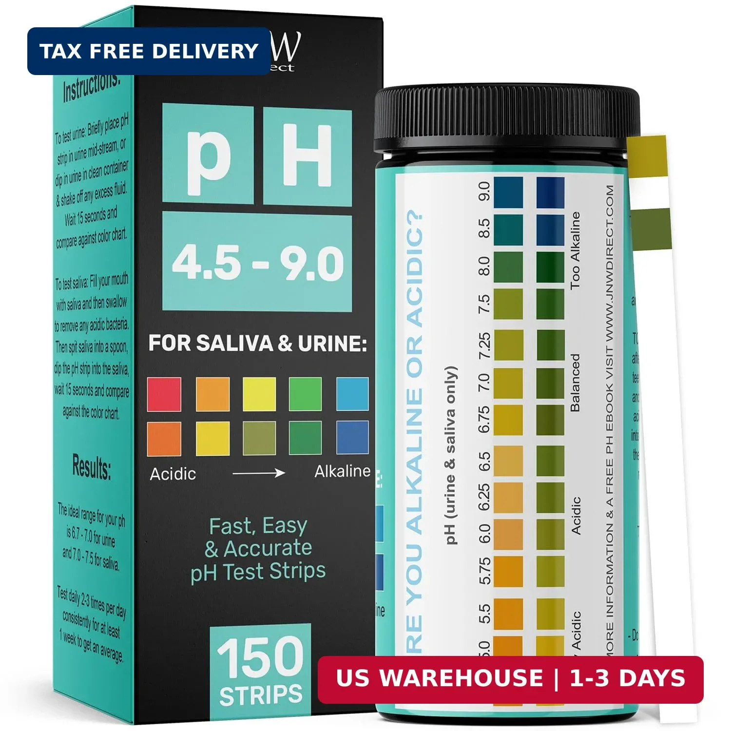 pH Test Strips for Urine and Saliva – 150 Litmus Paper pH Test Strips with Ebook