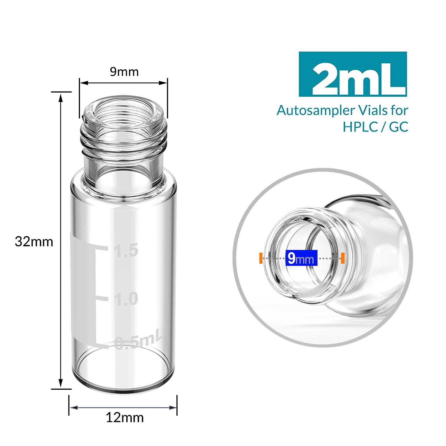 2ml Autosampler Vials 9-425 Screw Top Clear Glass Bottles+Writing Area LAB