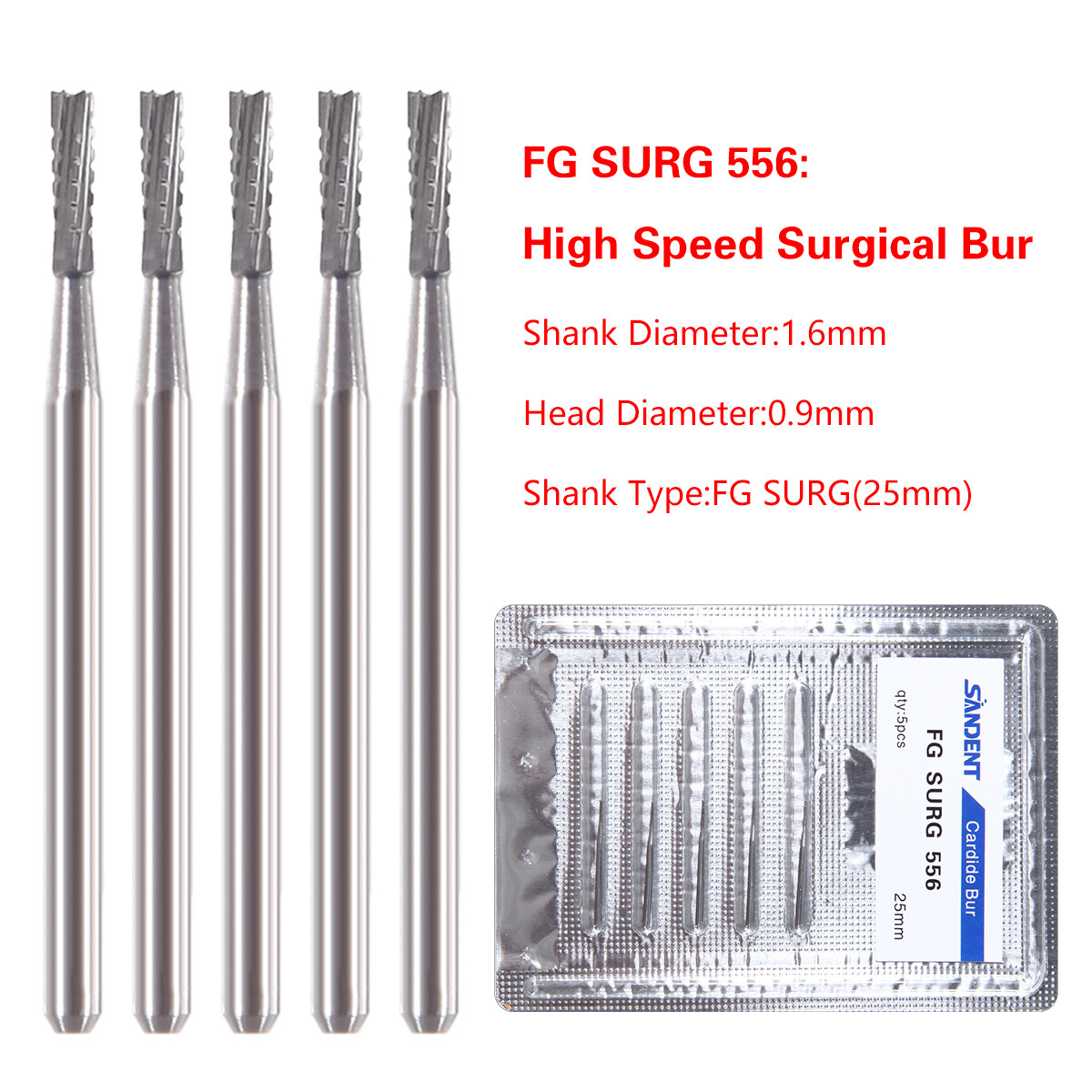 Dental Surgical 25mm SURG Carbide FG Burs for High Speed Handpiece FG556/FG558