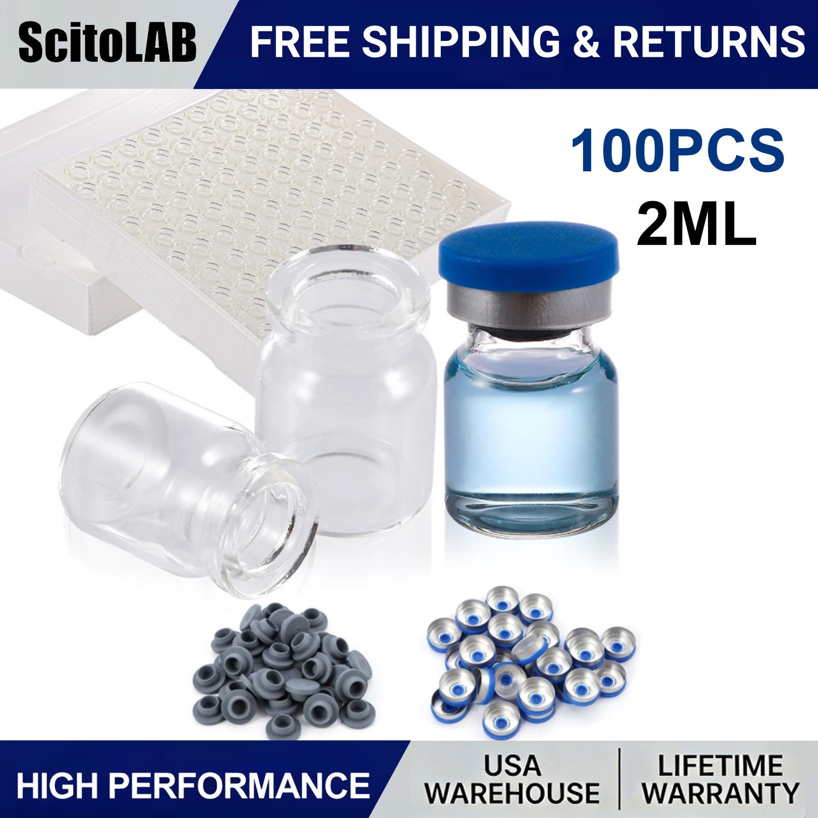 100PCS 2ml Glass Vials Headspace Vials Lab Vials w/ 13mm Caps Crimp Top US