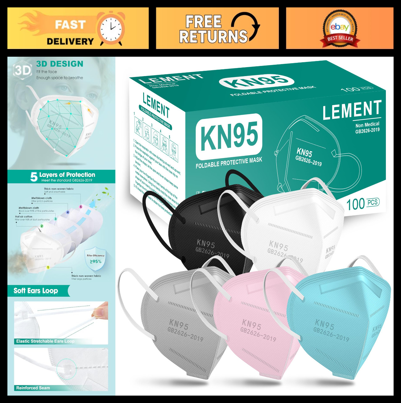 100 Pack KN95 Face Masks – Breathable Disposable Dust Masks for Adults, 5 Colors