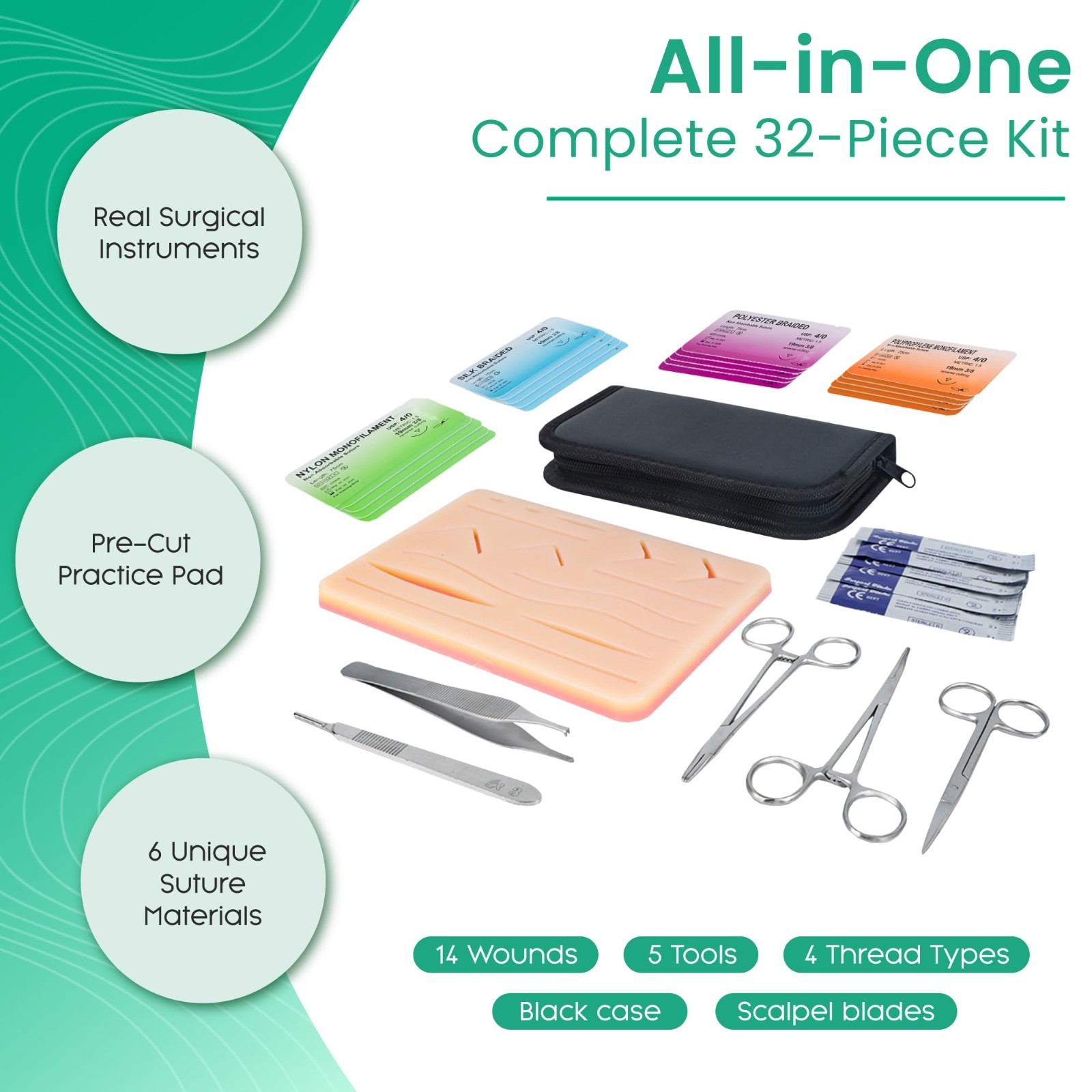 Suture Practice Kit – 32-Piece Set with Large Pad, Tools, Pre-Cut Wounds & Threa