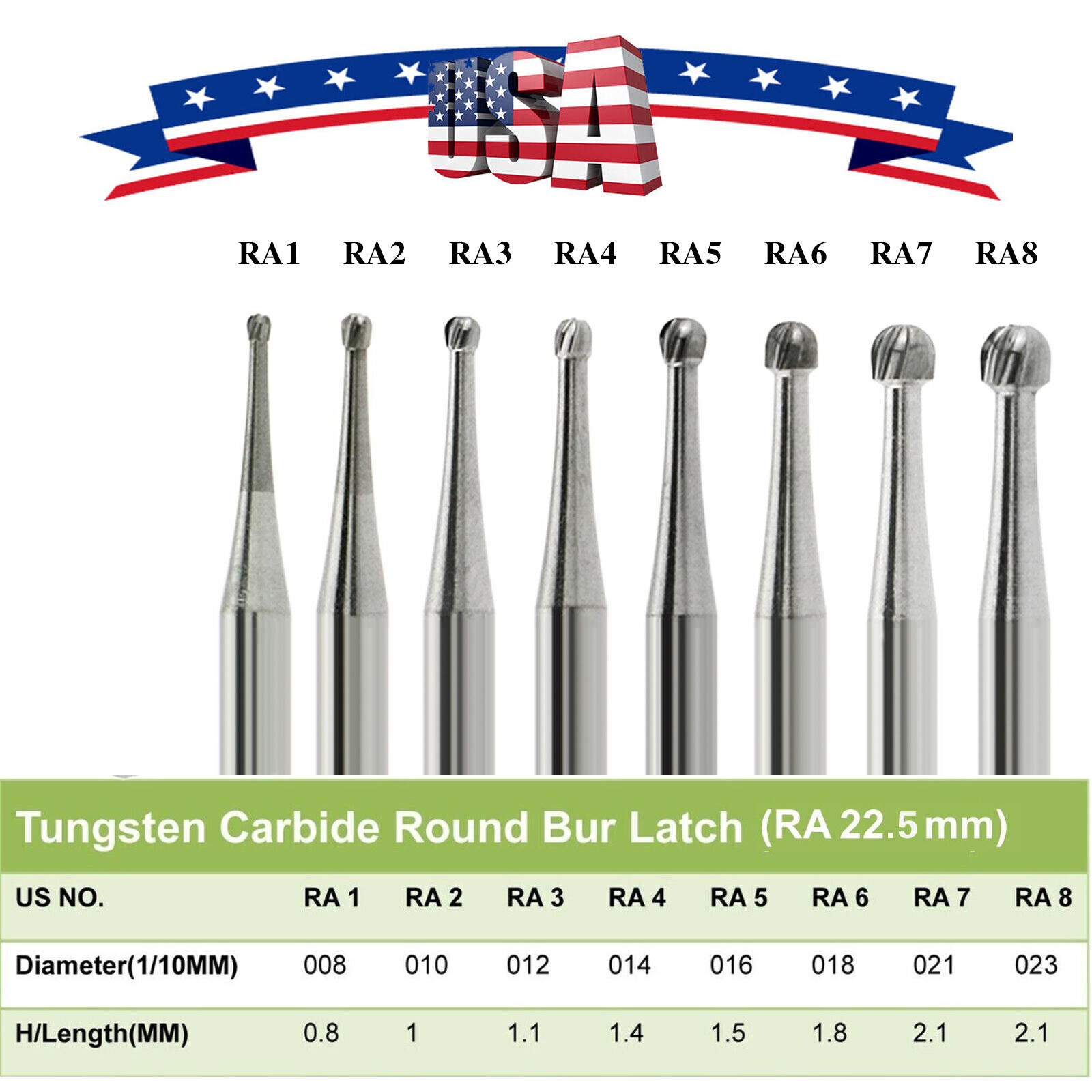5 Pcs/Pack Dental RA Round Carbide Bur For Slow Speed Latch Type RA 1#-8# Choose