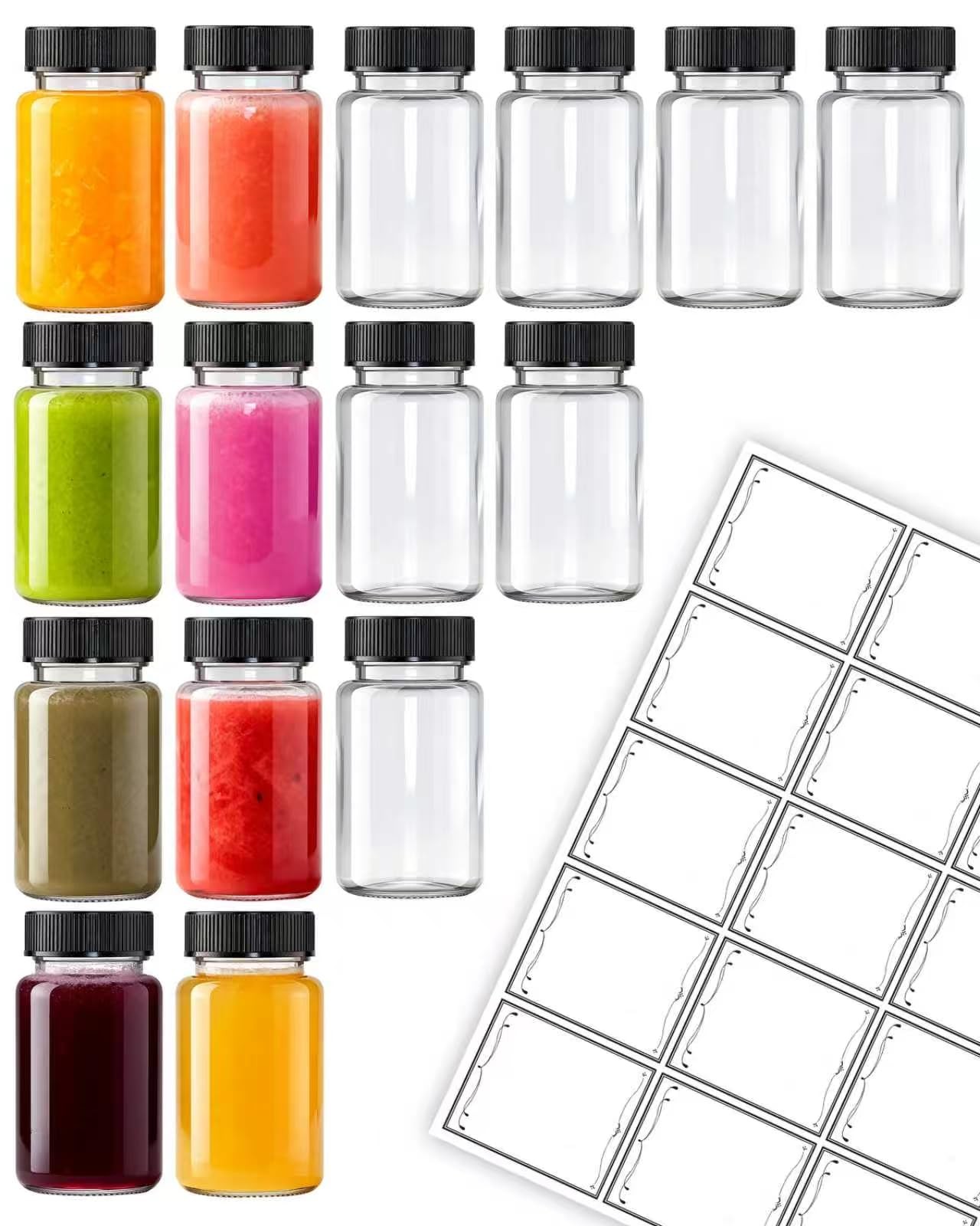 15 Pcs 2 Oz Glass Juice Shot Bottles With 3.032in H x 1.774in D, 15 Pcs-Black