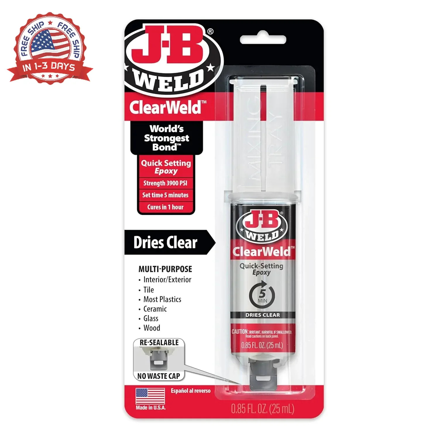 J-B Weld 50112 ClearWeld 5 Minute Set Epoxy Syringe – Clear – 25 ml, 25ml