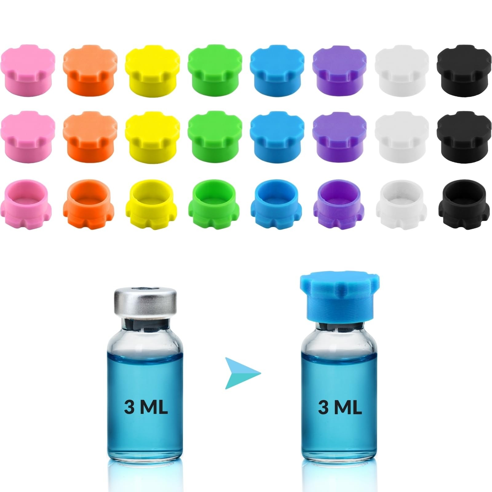3ml Vial Caps for Peptide Storage, Protective Covers (24Pcs / 24Pcs / 8Colors