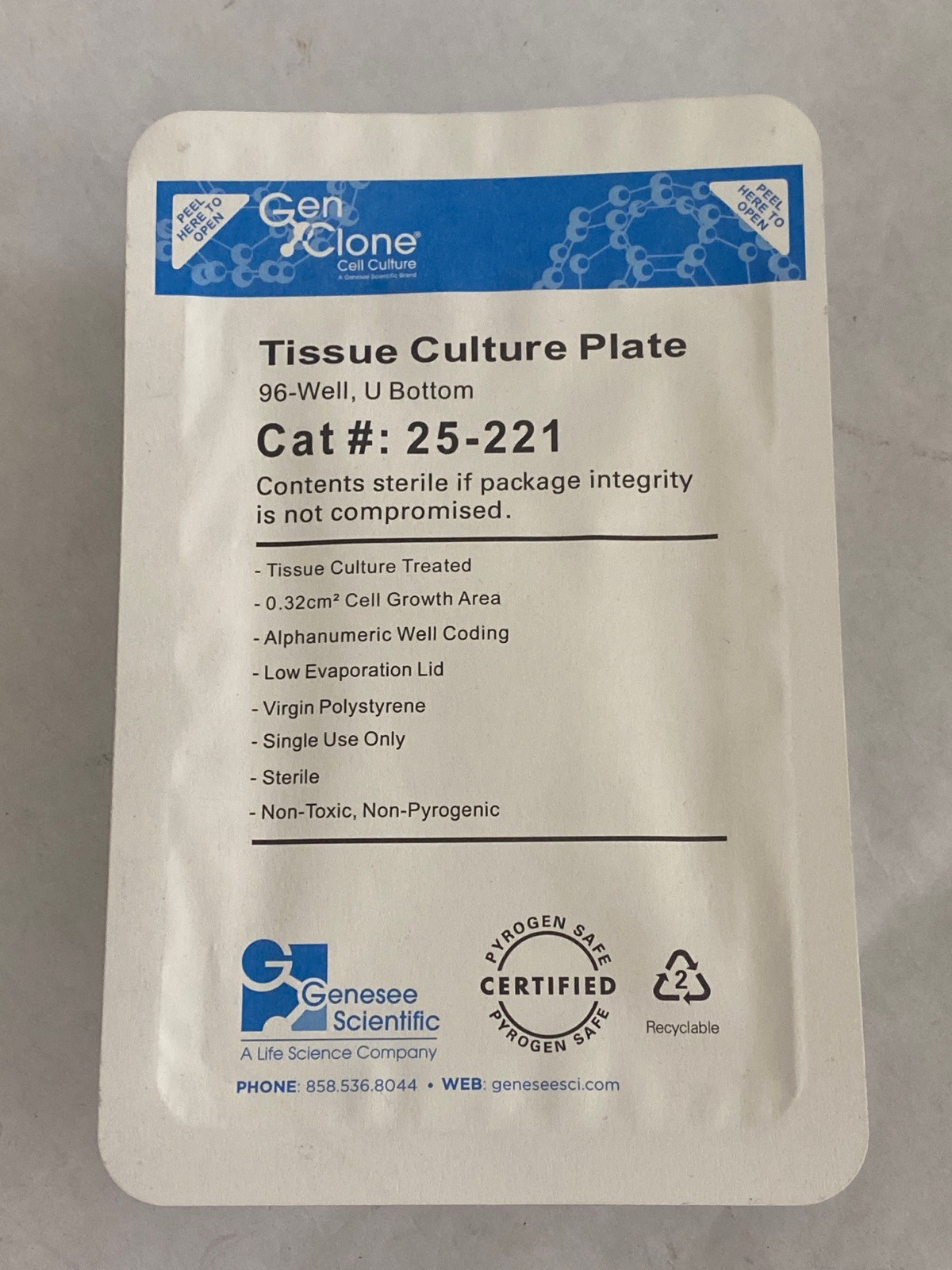 (10) GENESEE GenClone 96-Well Optically Clear PS TC Treated Culture Plate 25-221