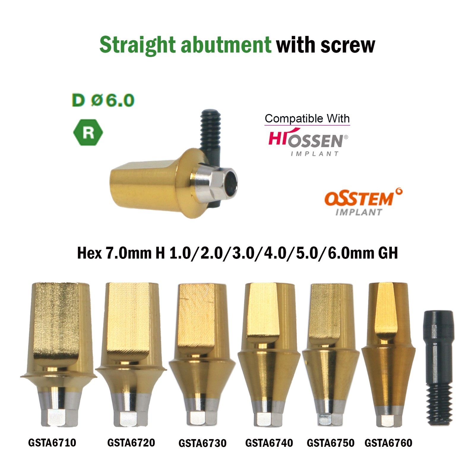 Dental Straight Transfer Abutment Internal Hex 7.0mm HRegular For Hiossen Osstem