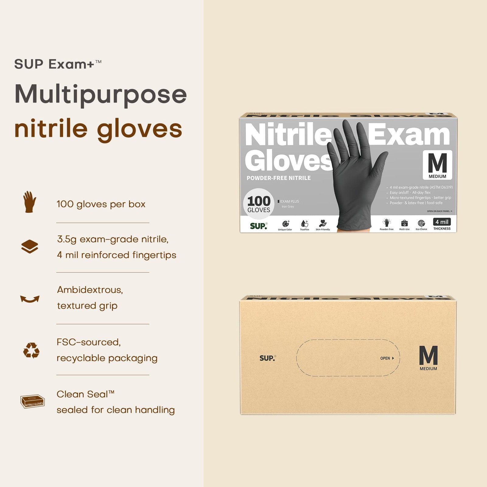 SUP Powder-Free Nitrile Exam Gloves, 100 Count, Medium, Medium (Iron Grey)