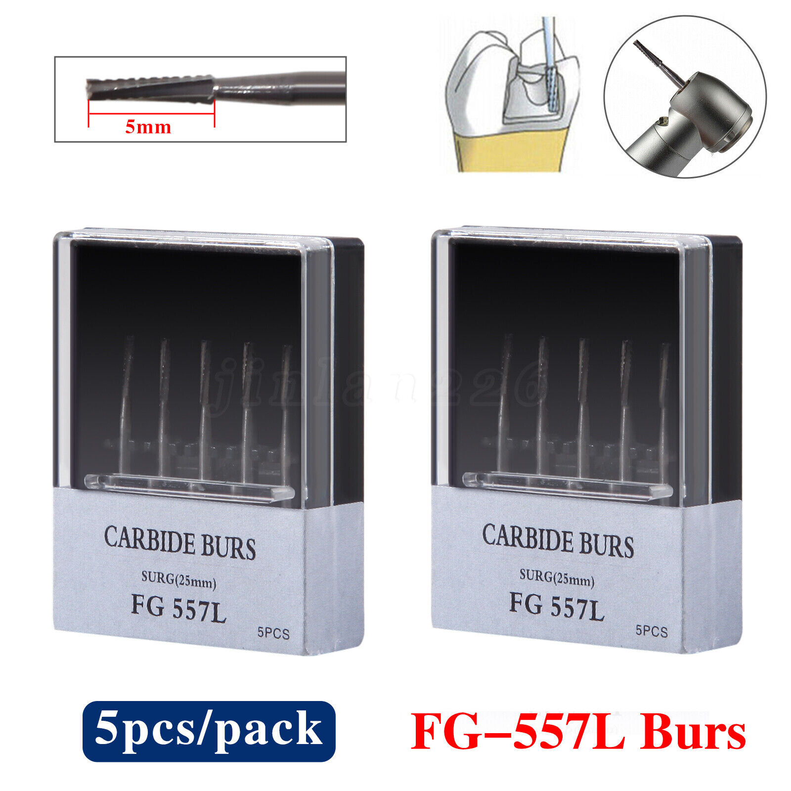 Dental Surgical Carbide Burs FG 557L Cross Cut Straight Fissure 5/PACK