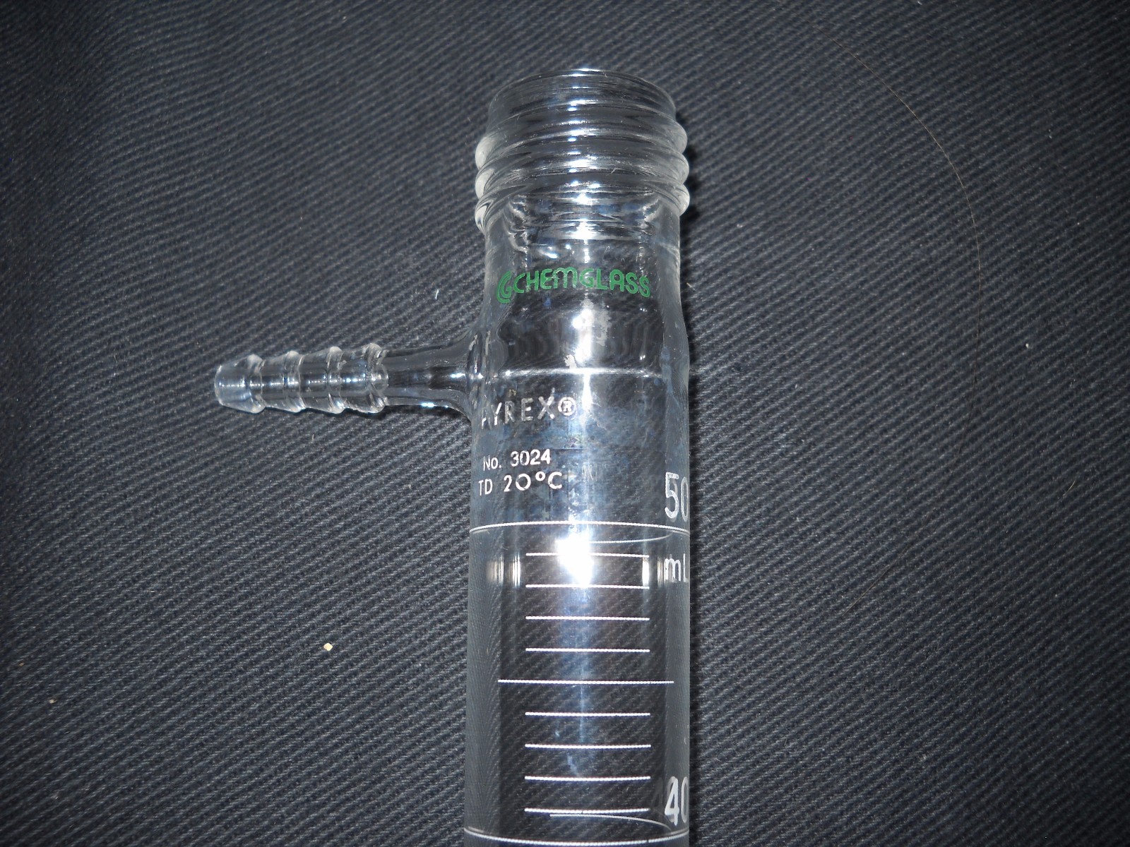 Chemglass Pyrex Glass 50mL TD Graduated Cylinder Gas Drying Column & GL25 Cap