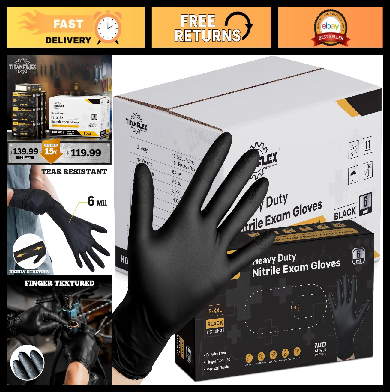 Heavy Duty Black Nitrile Exam Gloves, 6-mil, Latex Free, Food Safe for Cooking &