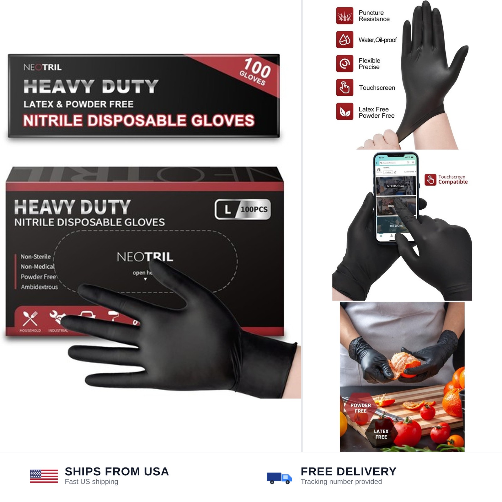 NEOTRIL 6 Mil Heavy Duty Black Nitrile Disposable Gloves, Latex Powder-Free, …