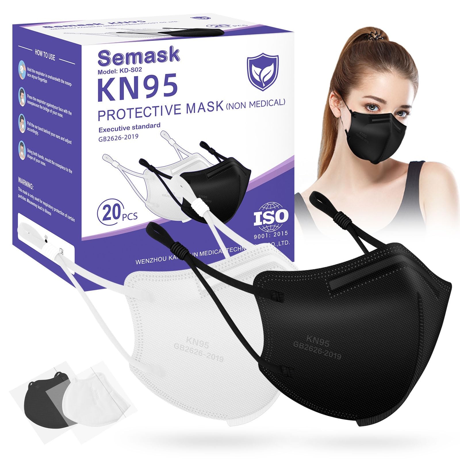 KN95 Adjustable Adult Masks 20Pack with Adjustable Ear Loops and Anti-Fog Nos…