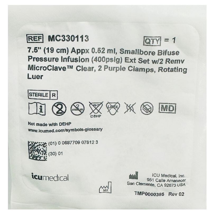 *1-Pack* ICUMedical Smallbore Bifuse Pressure Infusion 7.5″ MicroClave MC330113