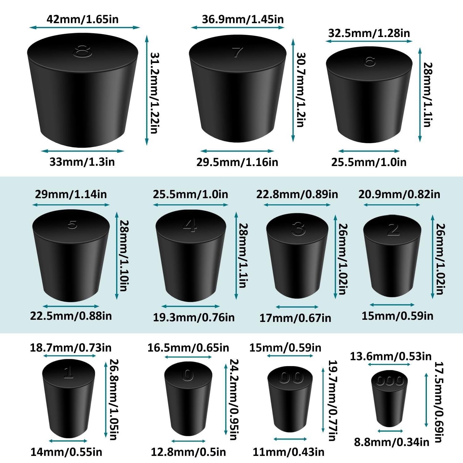 Rubber Stoppers – 22 Pcs Solid Rubber Stoppers, 11 Sizes for Lab Use