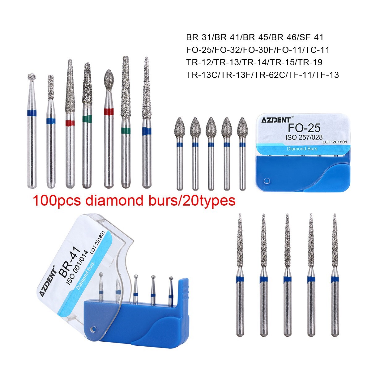 AZDENT 100pcs Dental Diamond FG Burs for High Speed Handpiece Medium FG 1.6mm
