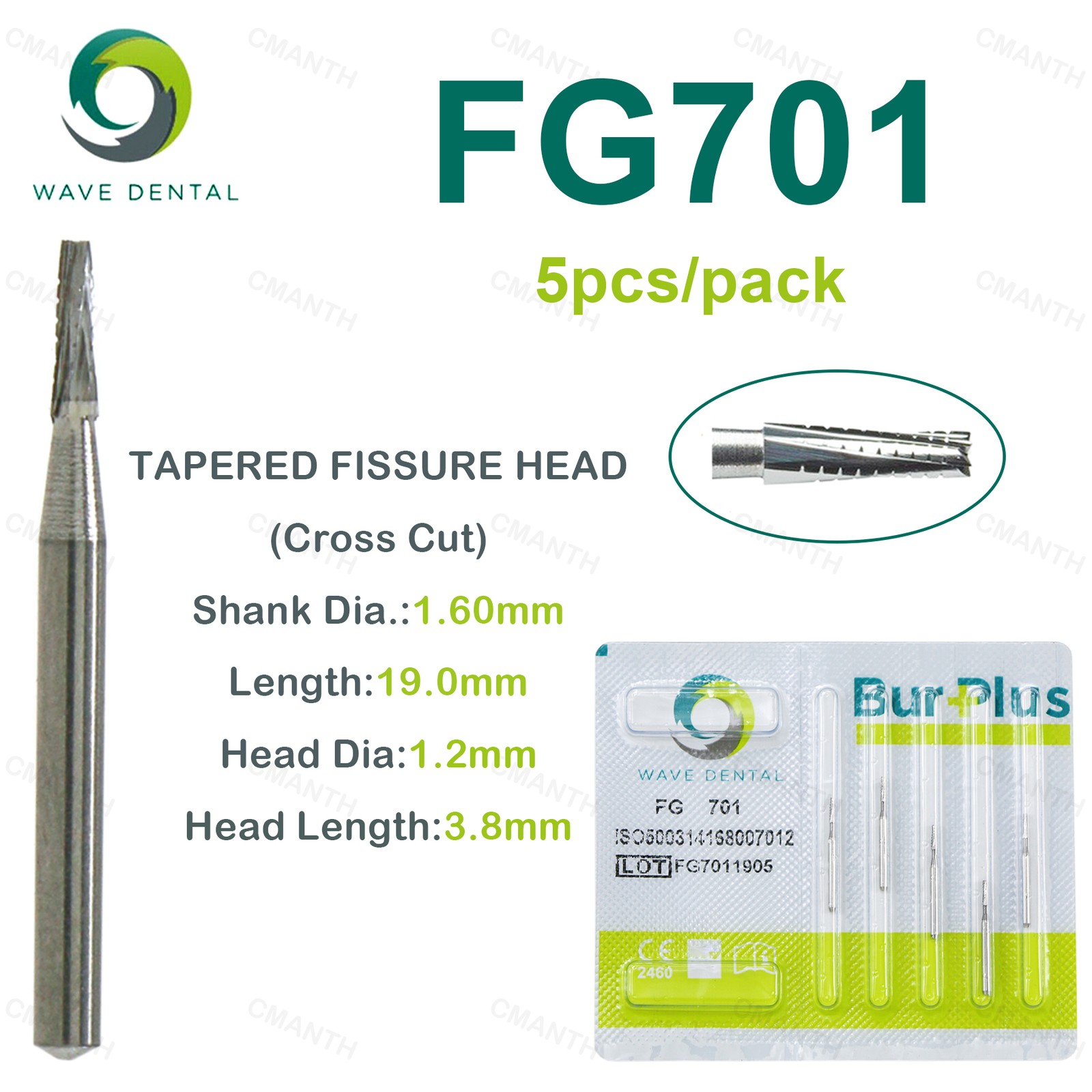 WAVE Dental Tapered Fissure Cross Cut Bur Tungsten Carbide FG Dia.1.6mm For High