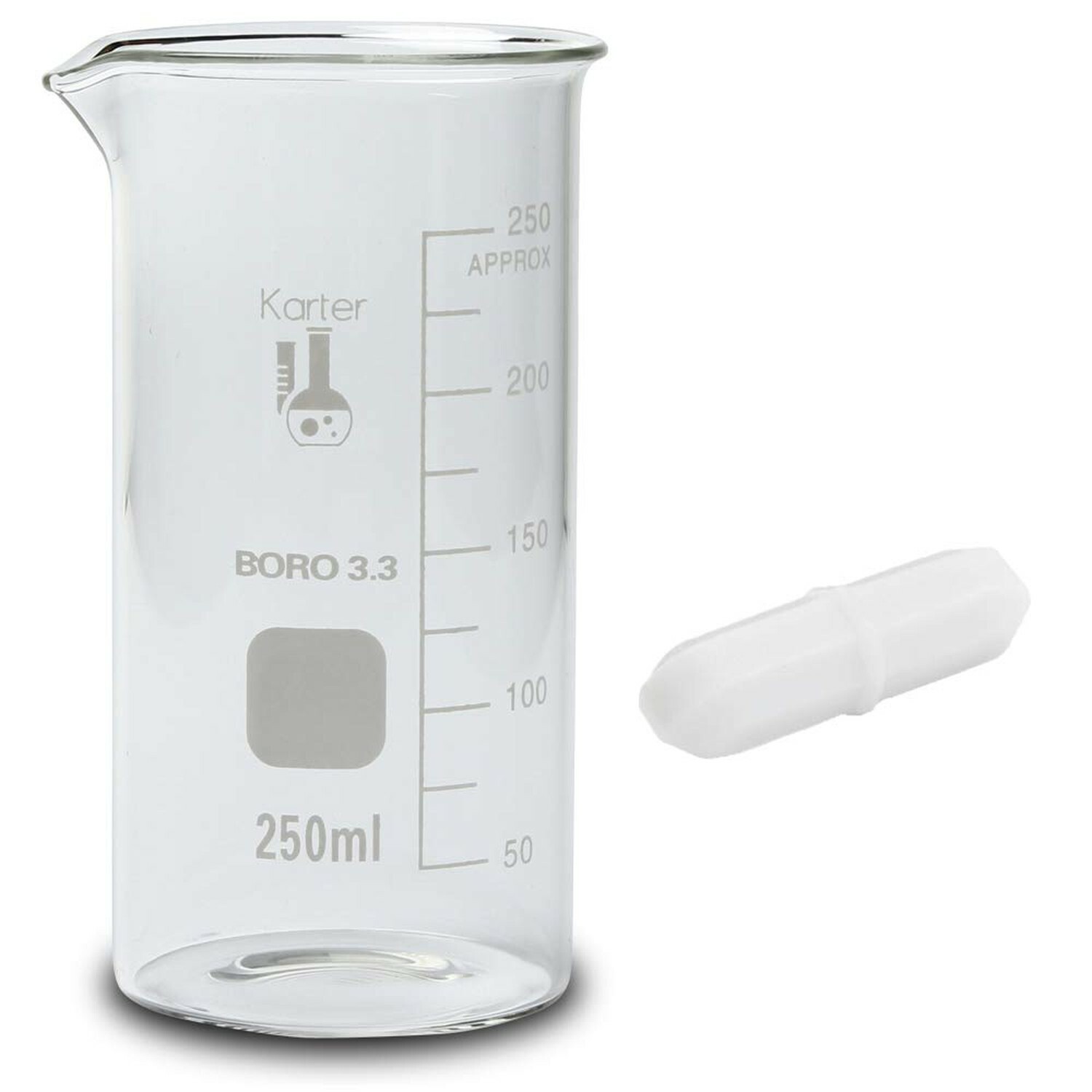 250ml Beaker with Magnetic Stir Bar, Tall Form, Boro. 3.3 Glass (Pack of 8)