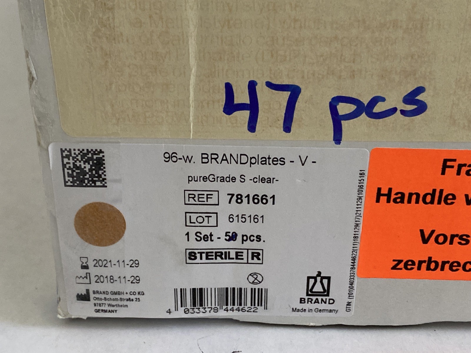 (47) BRAND TECH 96-Well PureGrade Microtitration Plates Clear V-Bttm Lid 781661