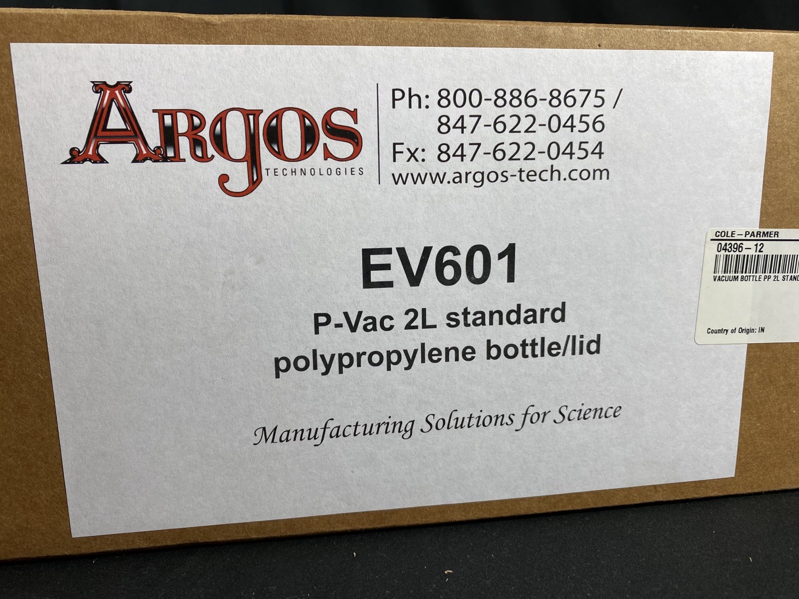 ARGOS TECHNOLOGIES 2L P-Vac Standard Polypropylene Bottle & Lid EV601 (1/Pack)