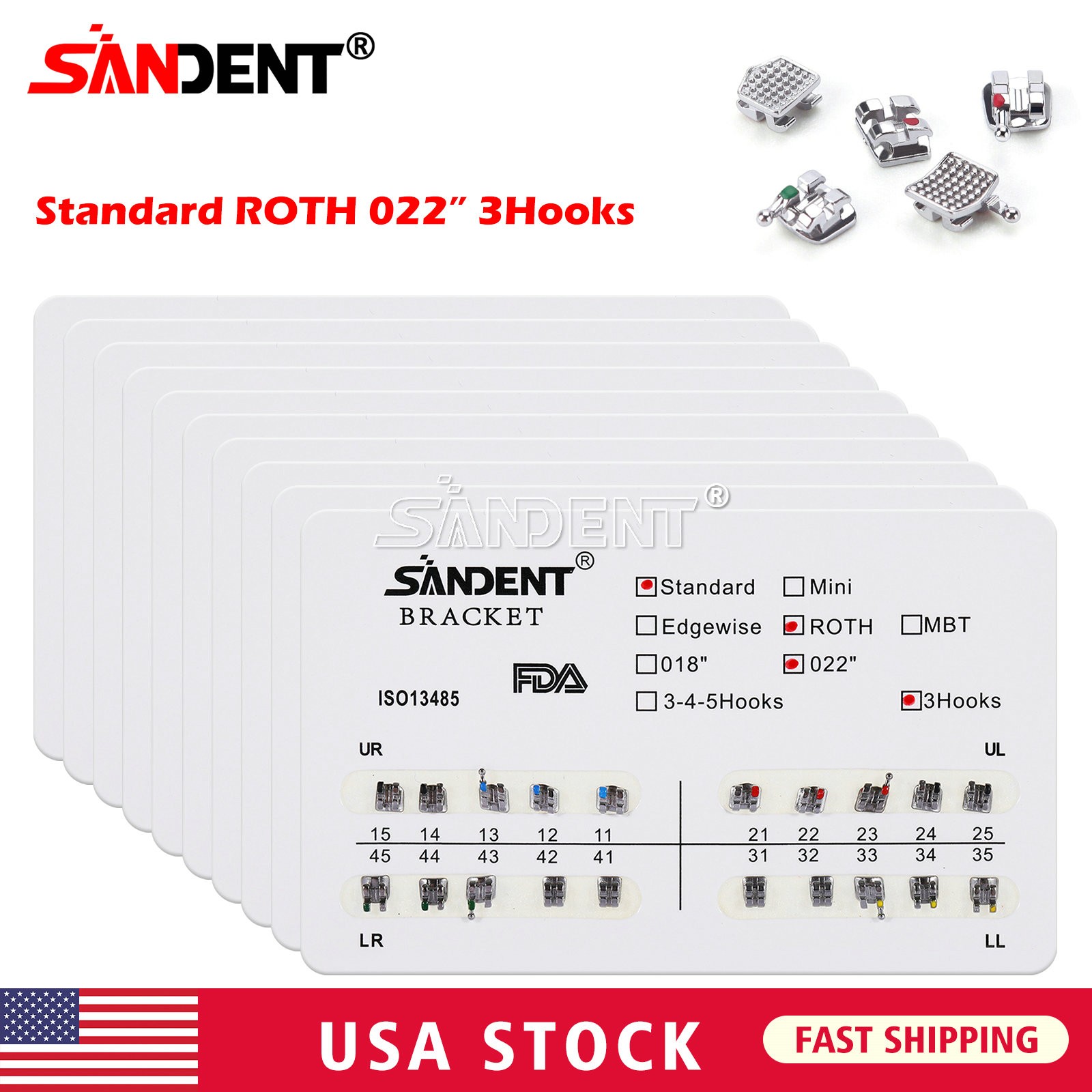 10 Packs Dental Orthodontics Brackets Braces Standard Roth 022″Slot 3 Hooks de