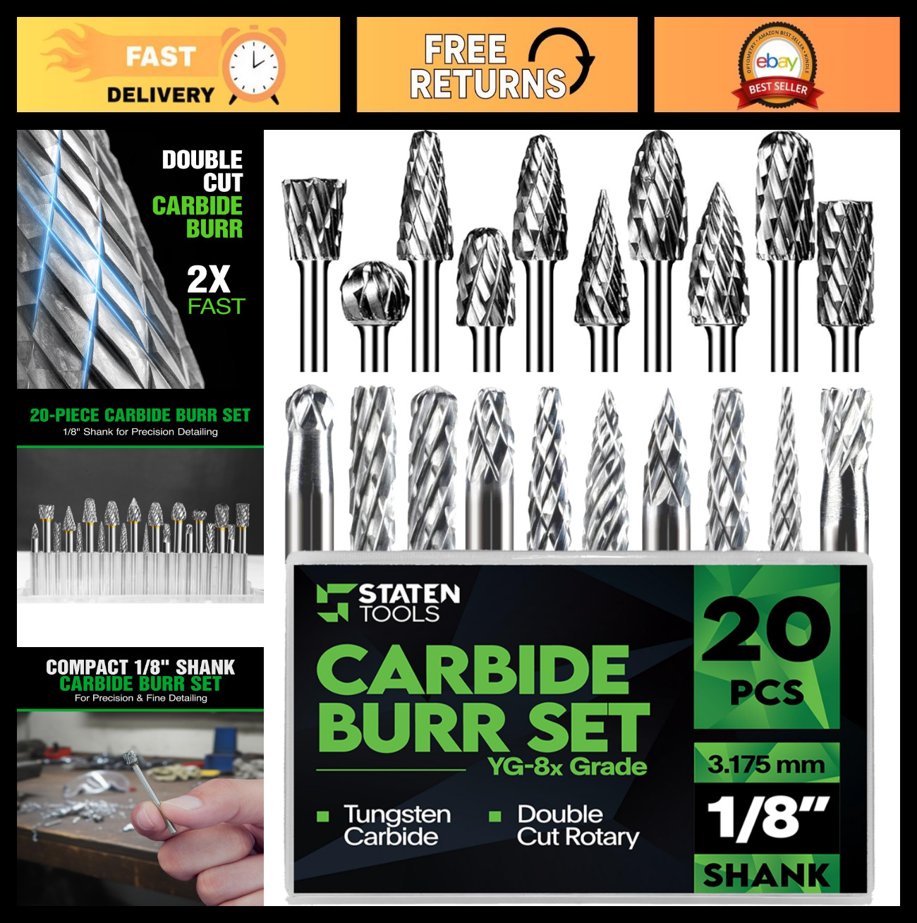 20 Pcs Carbide Bur Set 1/8″ Shank – Double Cut Die Grinder Bits for Milling, Eng