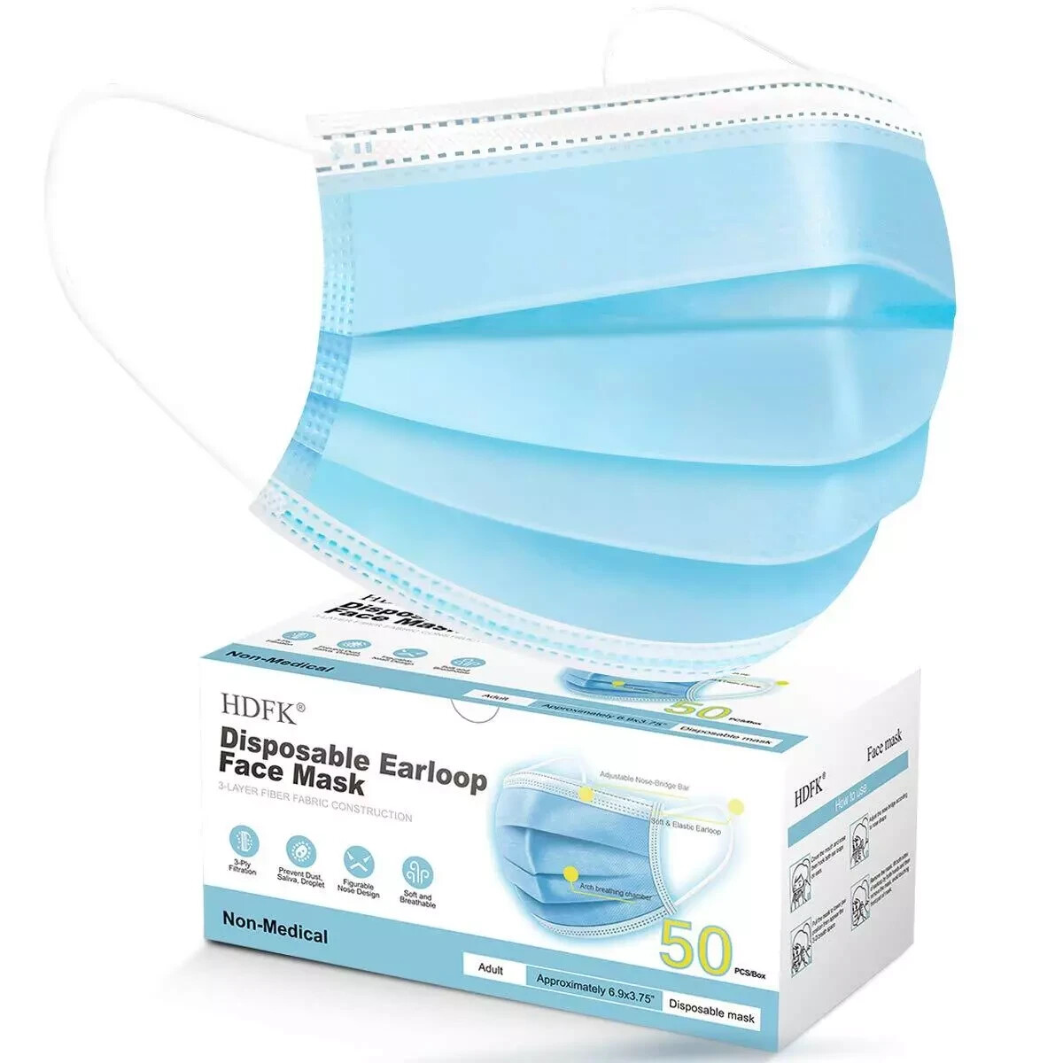 HDFK Face Mask Disposable Adults 3Ply Non-Woven with Nose Clip Ear Loop Blue …