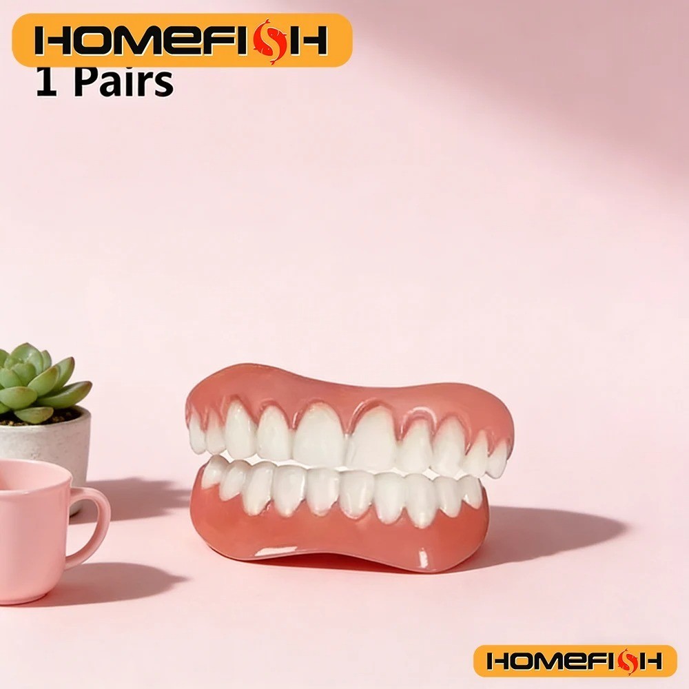 2x Silicone False Teeth Upper & Lower Smile Dental Veneers Dentures False Tooth