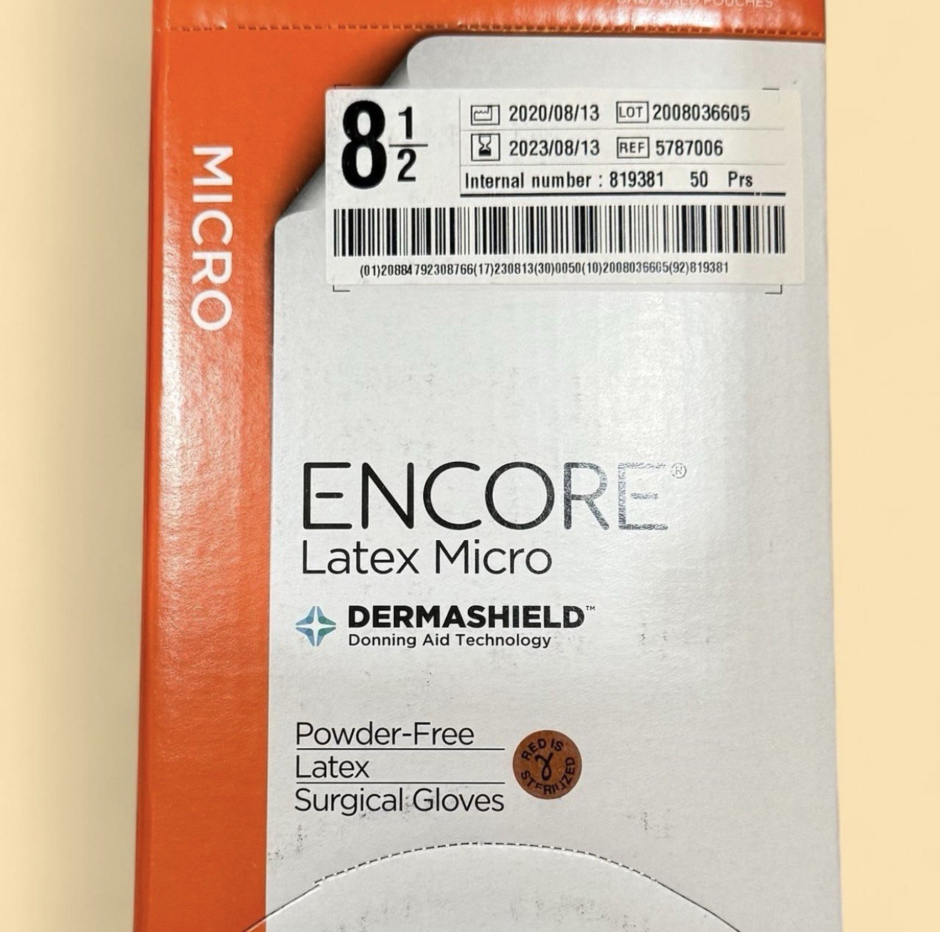 Encore Latex Micro Surgical Gloves, PF Sterile, 50 pair box, Size 8.5