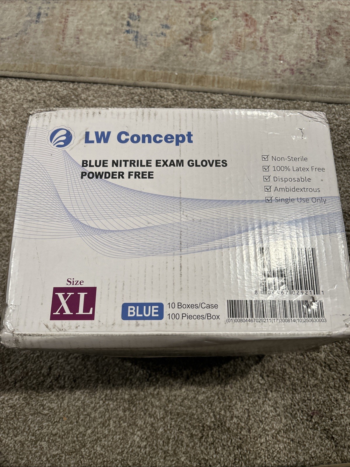 LW Concept Blue Nitrile Exam Gloves Powder Free XL Blue 10 Box Case