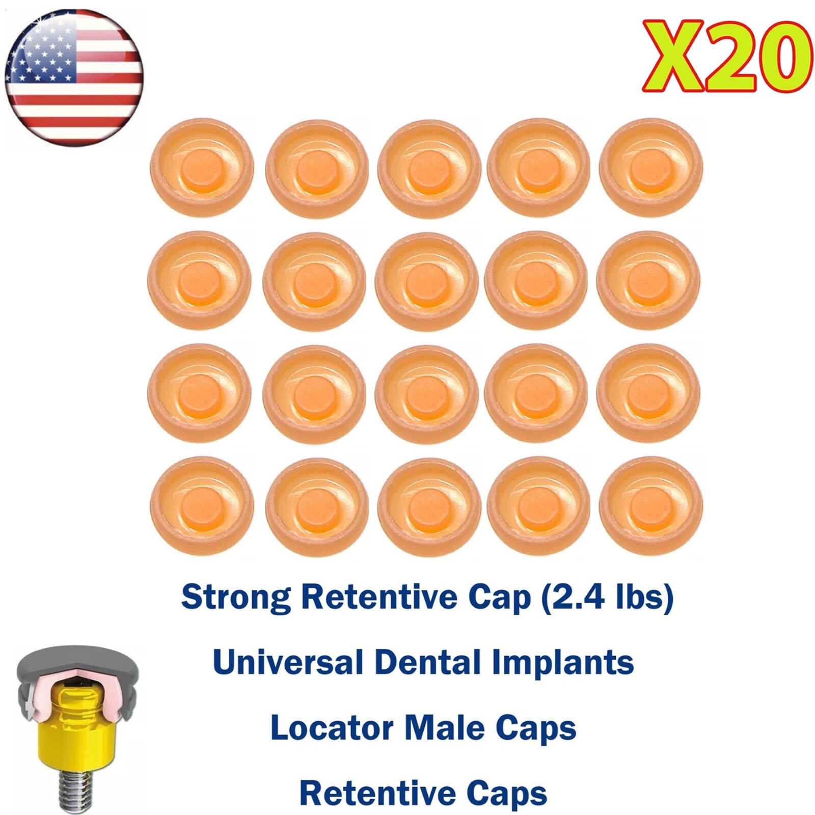 US 20Pcs Dental Overdenture Mini Implants Locator Retentive Caps 1.2/2.4lbs