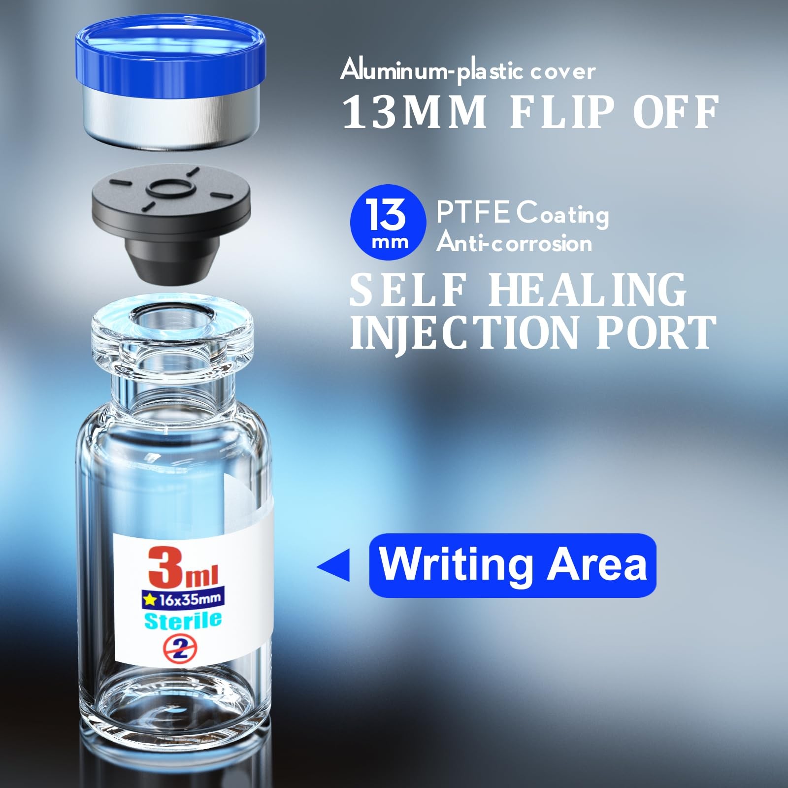 Ks-Tek Sterile Empty Vials with Self Healing Injection Port,with Flip Off Alumin