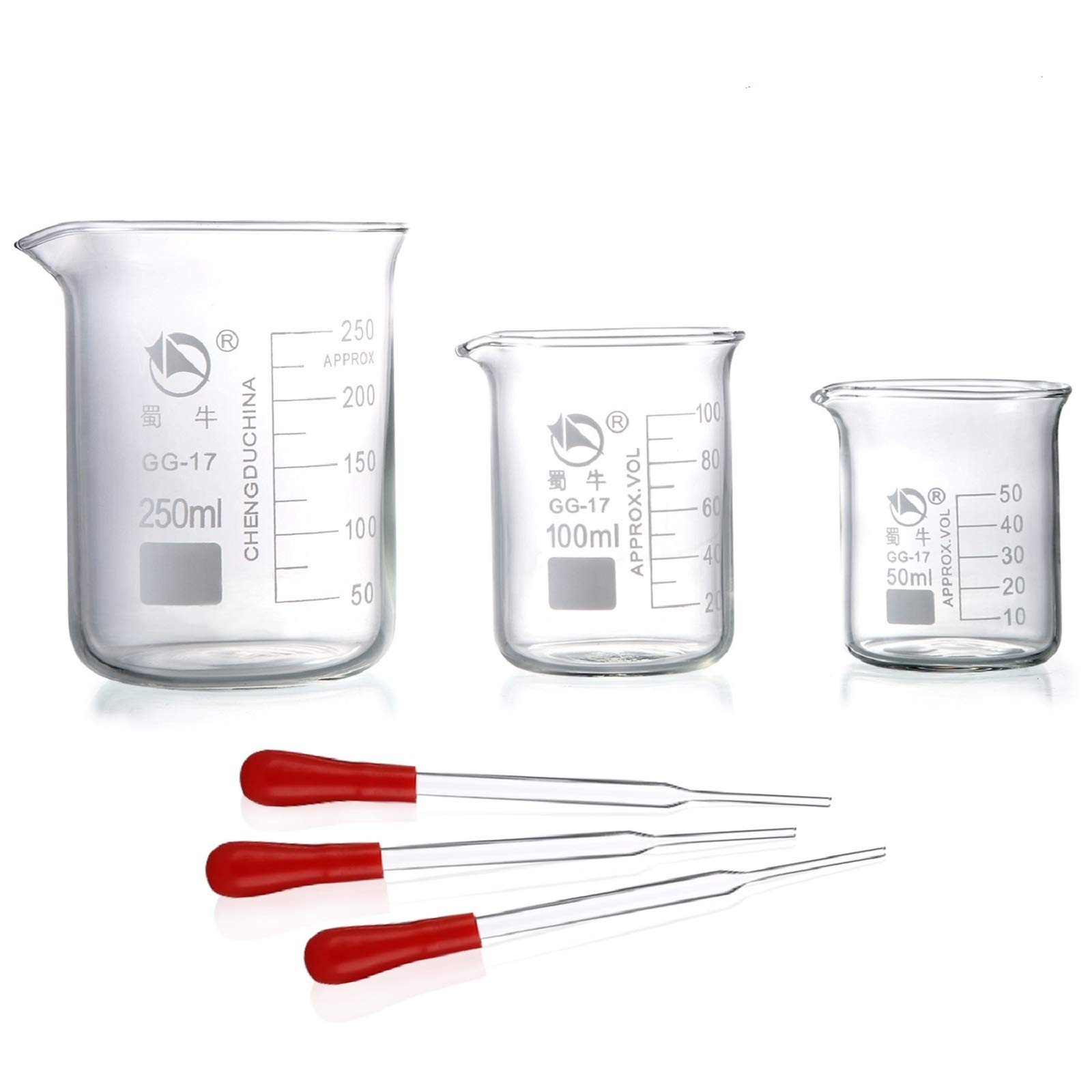 Young4us Glass Beakers, Pack of 6 Low Form Measuring & Droppers Set, 3 Gradua…