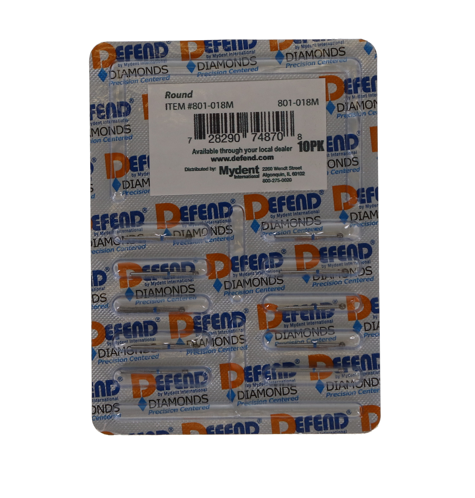 Mydent 801-018M Defend FG Friction Grip Medium Grit Round Diamond Burs 10/Pk