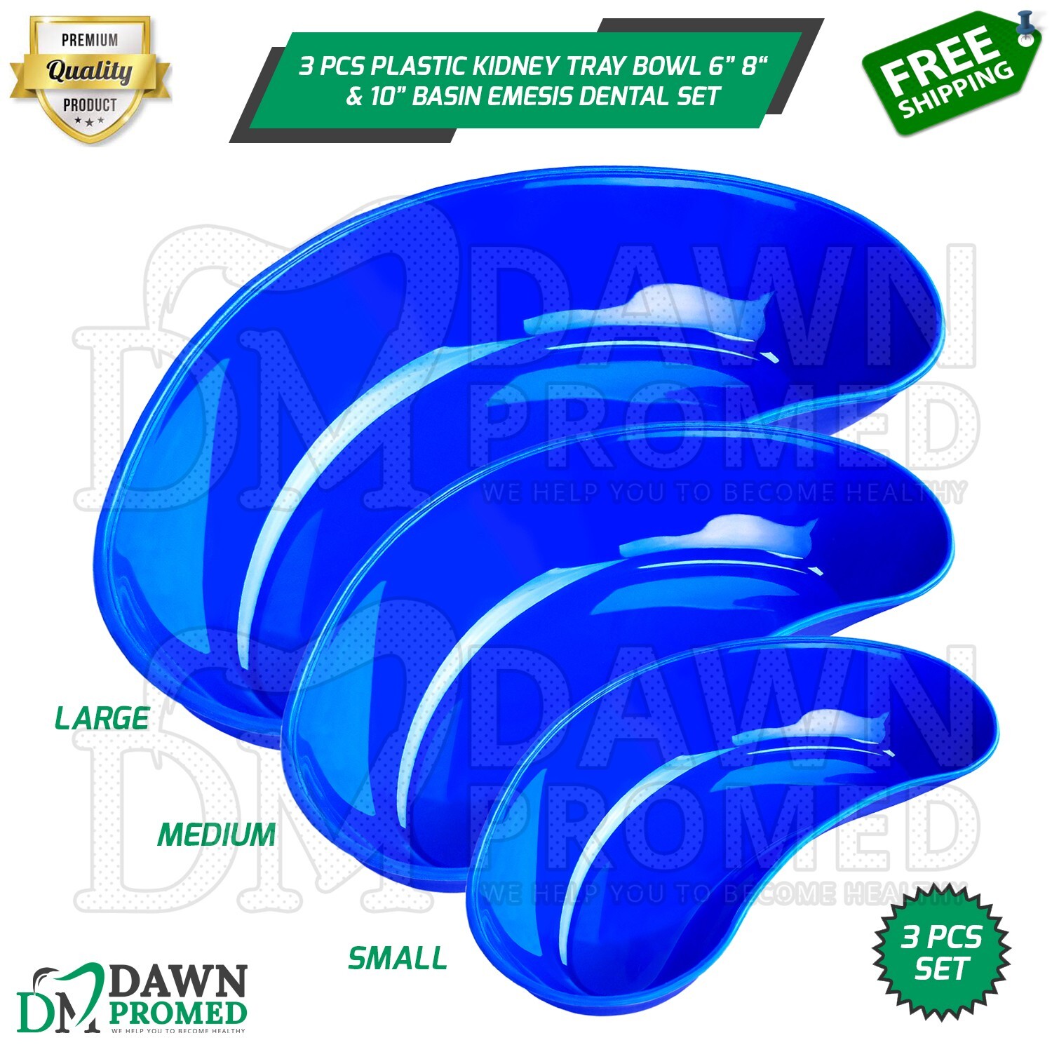 3 Pcs Plastic Kidney Tray Bowl 6″ 8″ & 10″ Basin Emesis Medical Dish Dental Set